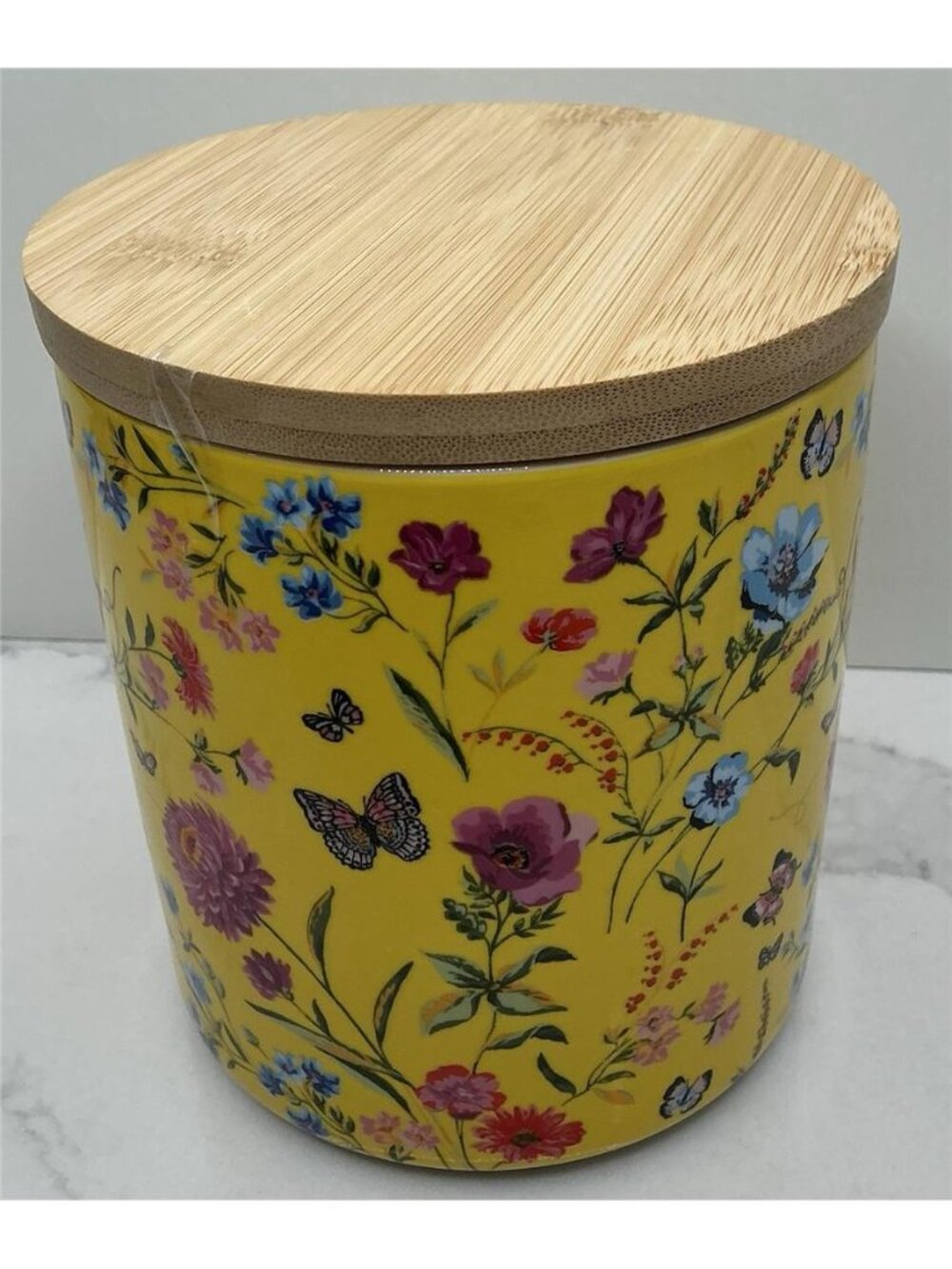 Grace Teaware Cookie Jar Yellow Floral Ceramic wood Lid 5” New